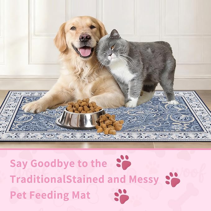 Blue Floral Pet Feeding Mat, Absorbent Dog/Cat Food Mat for Food and Water Bowl, Non-Slip Quick Dry Pet Placemat Floor Protector for Messy Drinkers(12 x 20 in)