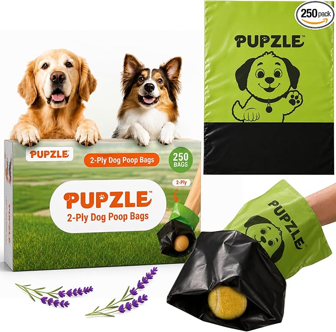 Pupzle 2-Ply Poop Bags For Dogs, Multi-layered Hand Protection, Thick Dog Poop Bags, Leak-proof And Odor Blocking Heavy Duty Large Doggy Bags, Includes Pouch, Lavender Scented 250 Bags For Pet Waste