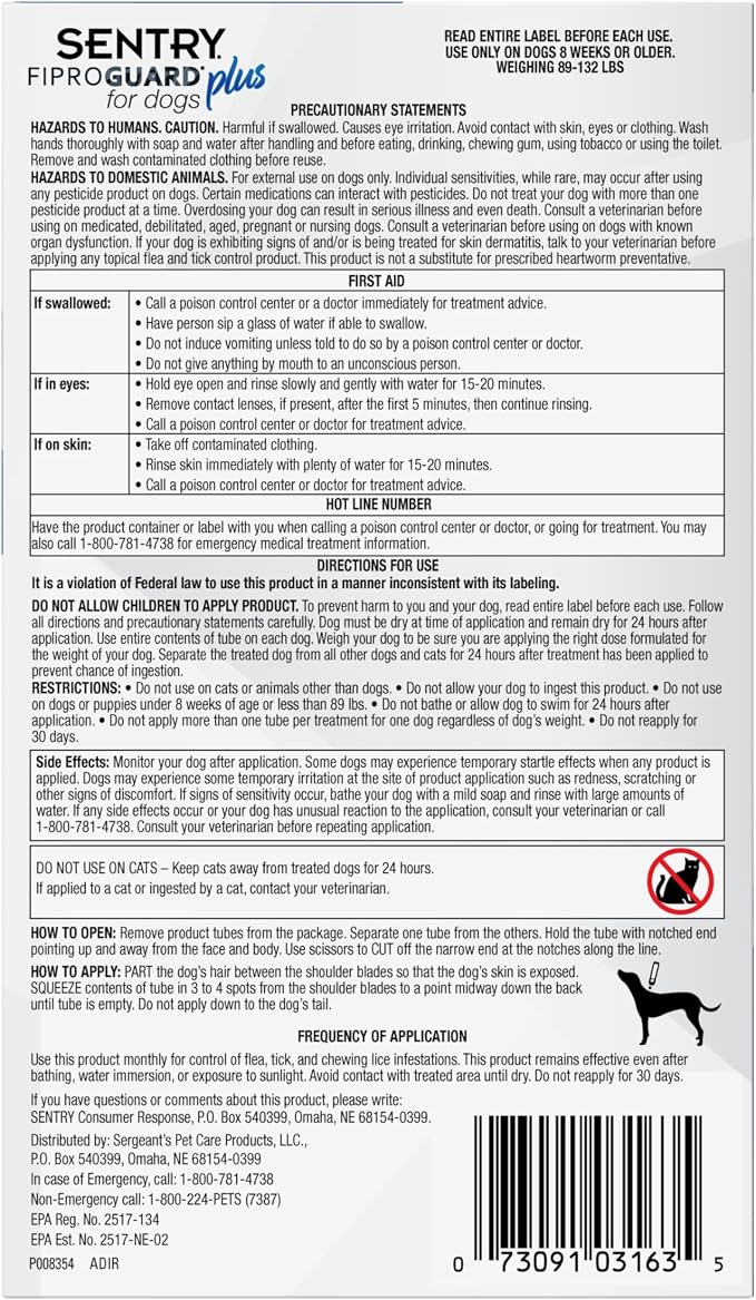 Sentry Fiproguard Plus for Dogs, Flea and Tick Prevention for Dogs (89-132 Pounds), Includes 3 Month Supply of Topical Flea Treatments