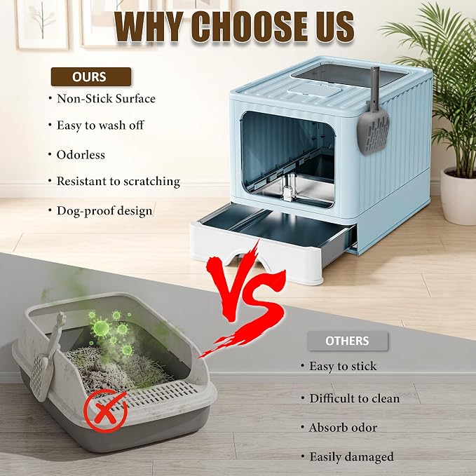 Stainless Steel Cat Litter Box With Lid, Top & Front Entry Enclosed Metal Litter Box, Large Covered Drawer Type Foldable Cat Litter Pan With Litter Scoop & Mat, Easy to Clean,Odor Control (Blue)