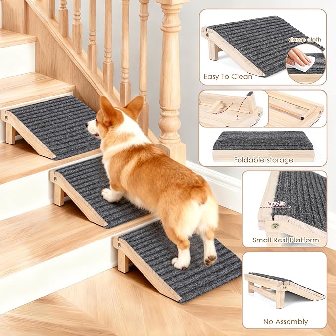 3-in-1 Dog Ramp for Stairs, Foldable Dog Stairs for Senior Dogs | 4.2"H, 3 Pack, Dog Steps & Calf Stretcher & Footrest, Gentle on Hips & Joints for Medium Dogs, Anti-Slip & Portable