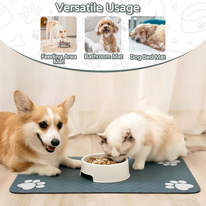 Pet Feeding Mat-Absorbent Dog Feeding Mat for Food and Water Bowl,No Stains Pet Placemat,Quick Drying Water Dispenser Mat for Dog and Cat,Easy to Clean Dog Accessories(L,Dark Gray)