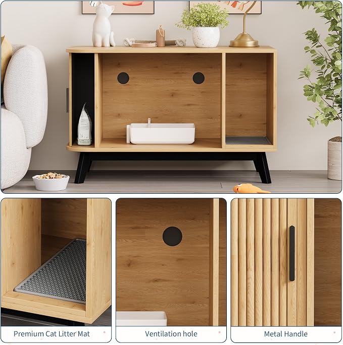 Garvee Cat Litter Box Enclosure, 39" Litter Box Enclosure Furniture Hidden Litter Box with Cat Litter Mat and Sliding Door, Modern Indoor Cat House, Side End Table for Living Room, Natural Wood Color