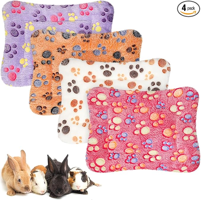 Haull 4 Pcs Waterproof Guinea Pig Bedding Soft Dog Cat Bed Crate Mat Small Animal Plush Cage Liners Rabbit Bunny Kennel Pad Reversible Cozy Pee Thickened Hamster Pad(Paw,13 x 10 Inch)