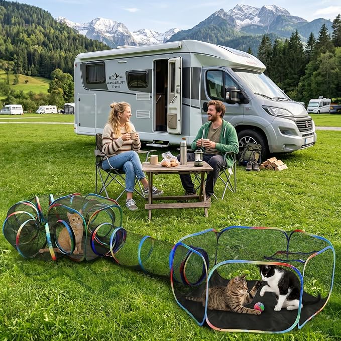 Outdoor Cat Enclosure - 4-in-1 Portable Cat Tunnels with Tent, Cube, Collapsible Catio for Cat Run Outside, Pop up Enclosed Playground for Indoor Cats, Kitty & Small Animals