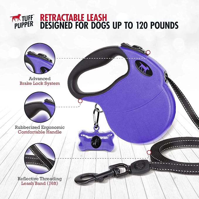 Tuff Pupper Retractable Dog Leash and 27oz Pupflask Portable Water Bottle - Violet