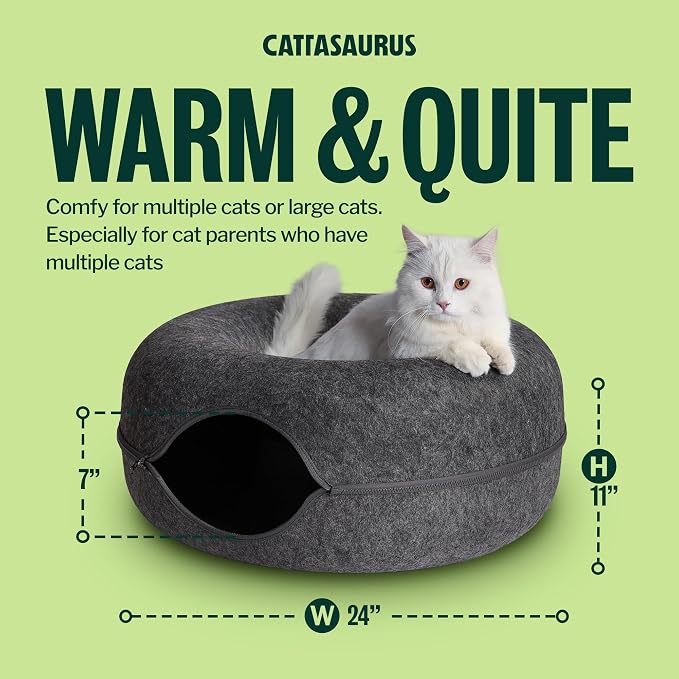 Cattasaurus Peekaboo Cat Cave for Multiple & Large Cats Up to 30-45 Lbs, Scratch Detachable & Washable Tunnel Bed, Comfy Donut Cat Cave (Dark Gray, Large)