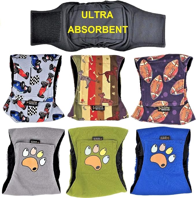 Pack of 6 Male Dog Diapers 4 - Layers of Absorbent Pads Waterproof Leak Proof Belly Band Wrap Washable (M: Waist 12" - 16", Pack of 6 Colors)
