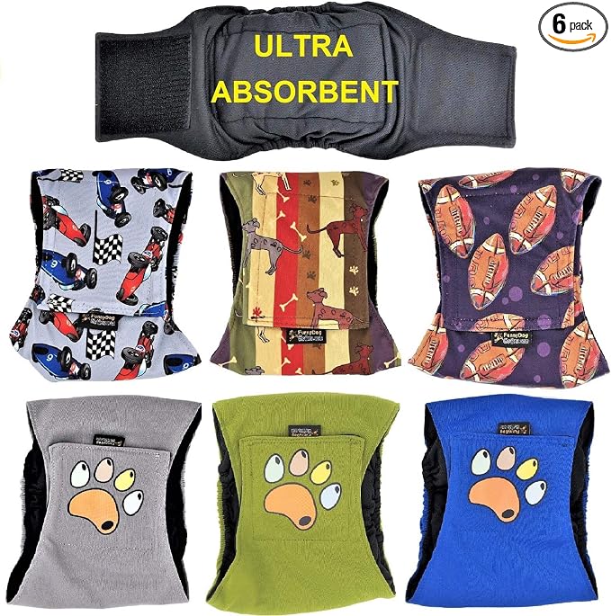 Pack of 6 Male Dog Diapers 4 - Layers of Absorbent Pads Waterproof Leak Proof Belly Band Wrap Washable (S: Waist 10" - 12", Pack of 6 Colors)