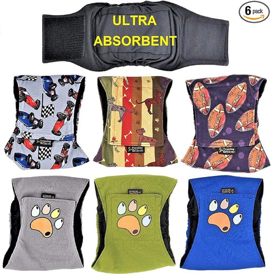 Pack of 6 Male Dog Diapers 4 - Layers of Absorbent Pads Waterproof Leak Proof Belly Band Wrap Washable (S: Waist 10" - 12", Pack of 6 Colors)