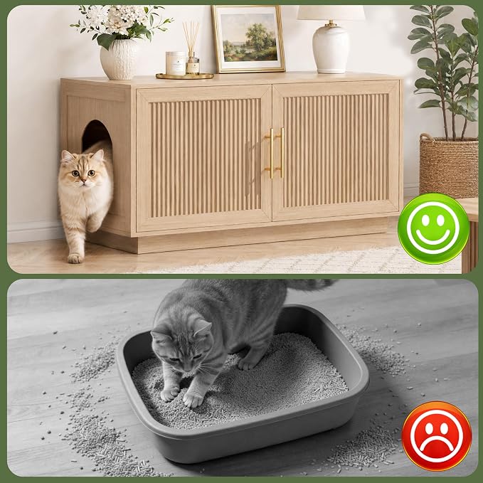 Fluted Cat Litter Box Enclosure, 31.5" Hidden Litter Box Furniture Cabinet with Double Doors, Reversible Entrance Left or Right Side, Indoor Cat House, Modern End Table for Living Room, Oak
