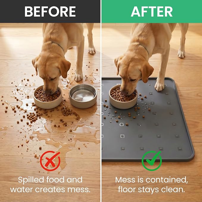 Silicone Pet Feeding Mat, 26x18 Inch Waterproof Dog Bowl Mat – Non-Slip, Machine Washable, Thin 0.28 Inch Edge for Messy Eaters, Protects Hardwood & Tile Floors, Dark Grey