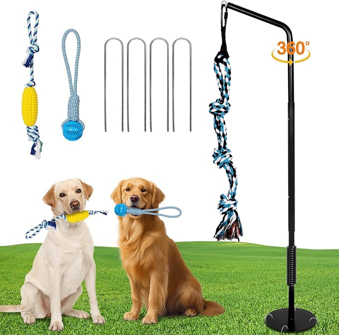 360° Rotating Dog Spring Pole Tug Toy for Medium Large Dogs, Outdoor Adjustable Height Dog Tug of War Toy with Reinforced Spring, Durable Chew Rope, 2 Replacement Toys & 4 Ground Stakes
