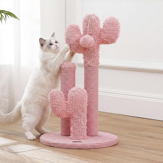 Marfa 21.5" Modern Triple Cactus Cat Scratching Post with Fuzzy Toy, Natural Jute Rope Scratcher with Weighted Non-Slip Base, Pink CTR1008C