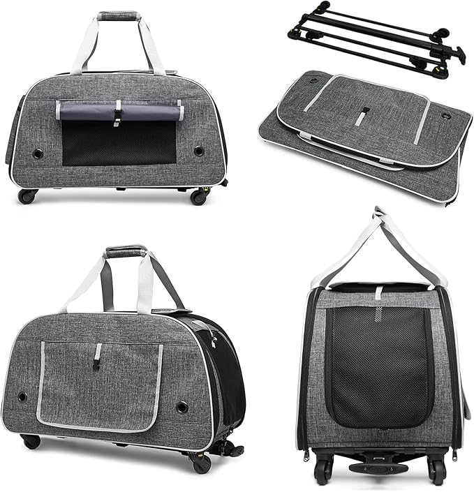 Pet Carrier with Wheels, Dog Rolling Travel Carrier Cat Carrier,Soft Sided,Small Dog and Cat Carrying Bag with Telescopic Walking Handle for Cats Dogs Rabbits Kittens Puppies