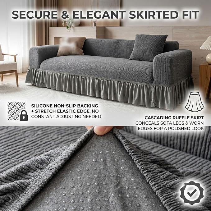 Velvet Sofa Cover with Skirt,Full Coverage Non-Slip Couch Slipcover, Soft Textured Furniture Protector for Living Room with Free Pet Lint Remover Roller(Gray,6-Seater)