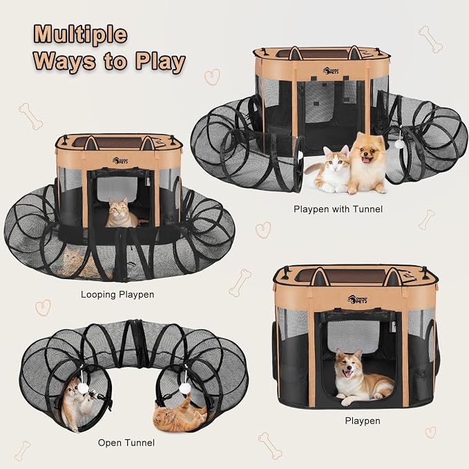 Ownpets Portable Cat Playpen with Removable Tunnel, Foldable Puppy Play Pen, Indoor Outdoor Cat Enclosure Pet Tent for Cats, Dogs and Small Pets