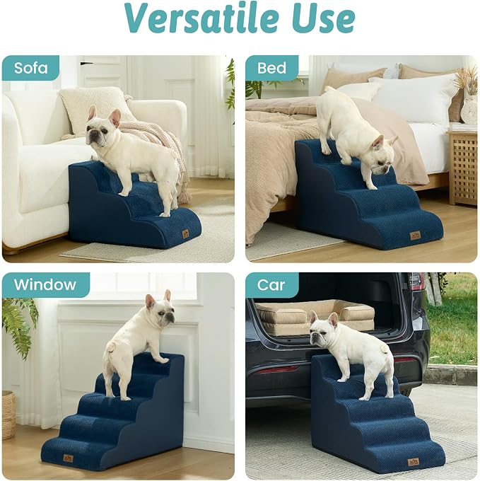 COZY KISS Wide Dog Stairs for Small Dog 22.6" H, Curved Pet Step for Puppy, Older Cat, Curved Ramp for High Bed or Car, Ladder with High Density Foam, Durable, 5 Step, 17.7x33x22.6 inch, Navy Blue