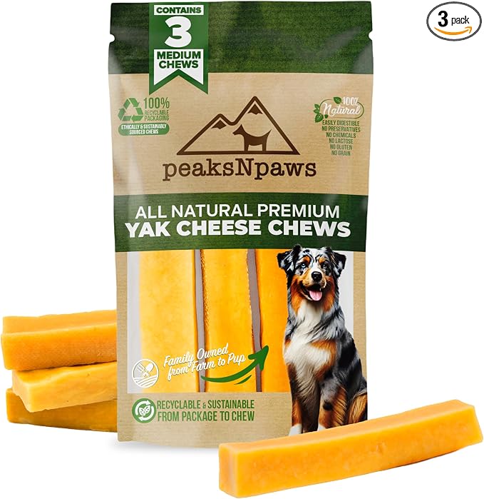 peaksNpaws Himalayan Dog Chews, High Protein Yak Cheese, Lactose Free, Natural Dog Treat, Long Lasting Chew Stick for Aggressive Chewers Under 35 lbs, 3 Medium Sticks, 100% Eco-Friendly Packaging