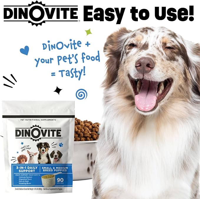 Dinovite Probiotic Food Topper for Puppies, Digestive Health & Skin Support Formula with Omega-3s, Daily Puppy Wellness Supplement, 90 Servings
