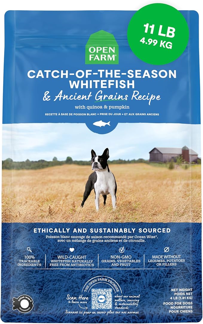Open Farm, Ancient Grains Dry Dog Food, Protein-Rich & Nutrient Dense, 90% Animal Protein Mixed with Non-GMO Fruits, Veggies and Superfoods, Catch-of-The-Season Whitefish Recipe, 11lb Bag