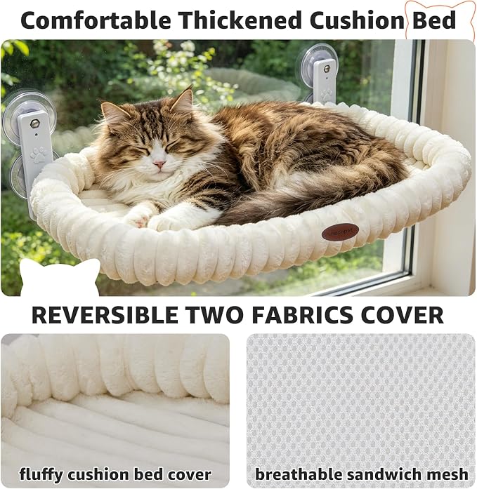 Woochpet Cat Window Perch for Window with Solid Metal Frame and Ultra Soft Machine Washable Bed with 4-Sided Bolster, 4 Strong Suction Cups Window Resting Seat,Cordless Foldable Cat Hammock Bed