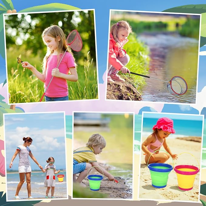 2 Pack Telescopic Kids Fishing Net with Handle, 2 Collapsible Bucket Sand Pail, Stainless Steel Foldable Fishing Net Small Fishing Butterfly Bug Net Beach Shovel with Storage Bag