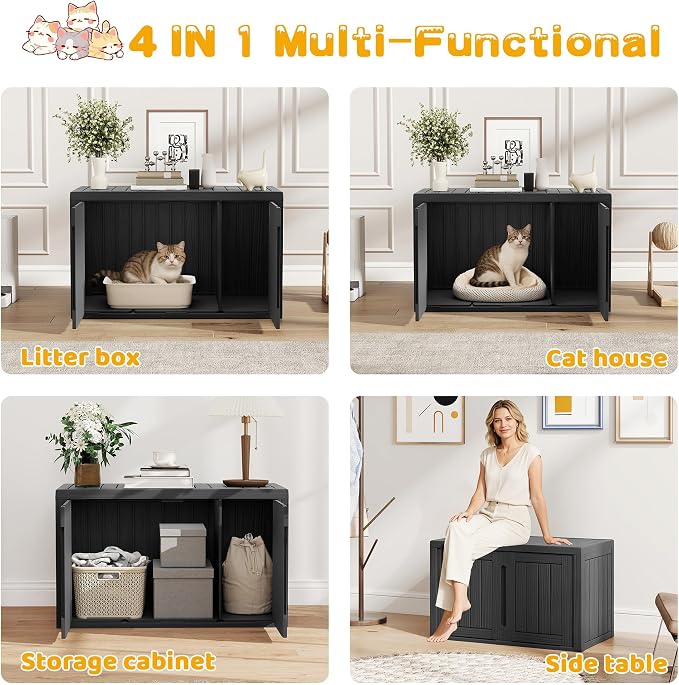 Cat Litter Box Enclosure, Multi-Functional Hidden Enclosed Litter Box Furniture with Adjustable Partition, Indoor Outdoor Cat House Weatherproof, Side Table, Easy to Clean & Assemble, Black