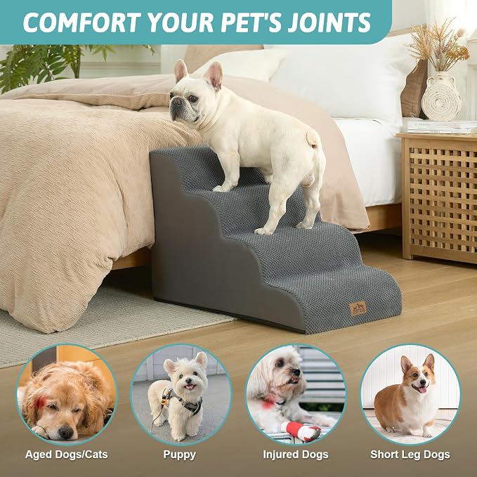 COZY KISS Wide Dog Stairs for Small Dog 19.7" H, Pet Step for Puppy, Older Cat, Curved Ramp for Bed, Durable Anti-Slip Ladder with High Density Foam, 4 Step, 17.7x28x19.7 inch, Dark Grey
