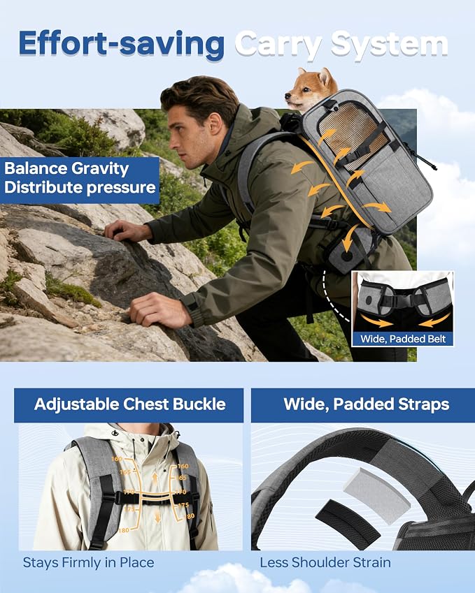 Hiking Dog Carrier Backpack, Padded Height-Enhancing Design, Adjustable Waist Cushioning Belt with Breathable Padded Back Support, Dog Carrier Backpack for Small Dogs Max 13LB Grey with Pad