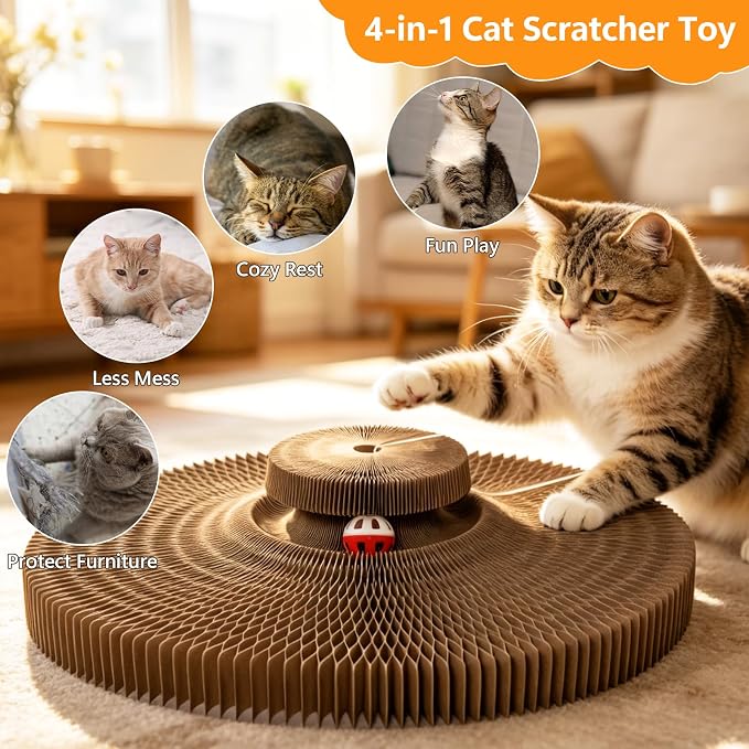 Coppthinktu Cat Scratcher, Interactive Cat Toys for Indoor Cats, Foldable Accordion Cardboard Scratching Board with Bell Ball, Cat Toy for Kitten Play, Chase & Exercise