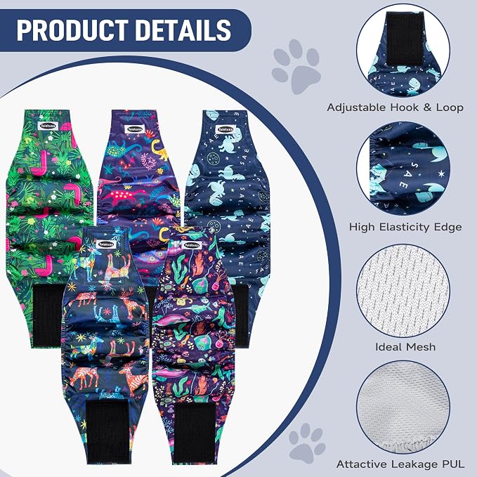 Tuiskusa Male Dog Diapers, High Absorbing Dog Belly Bands for Male Dogs, Washable Reusable Dog Males Wraps(5 Pack)