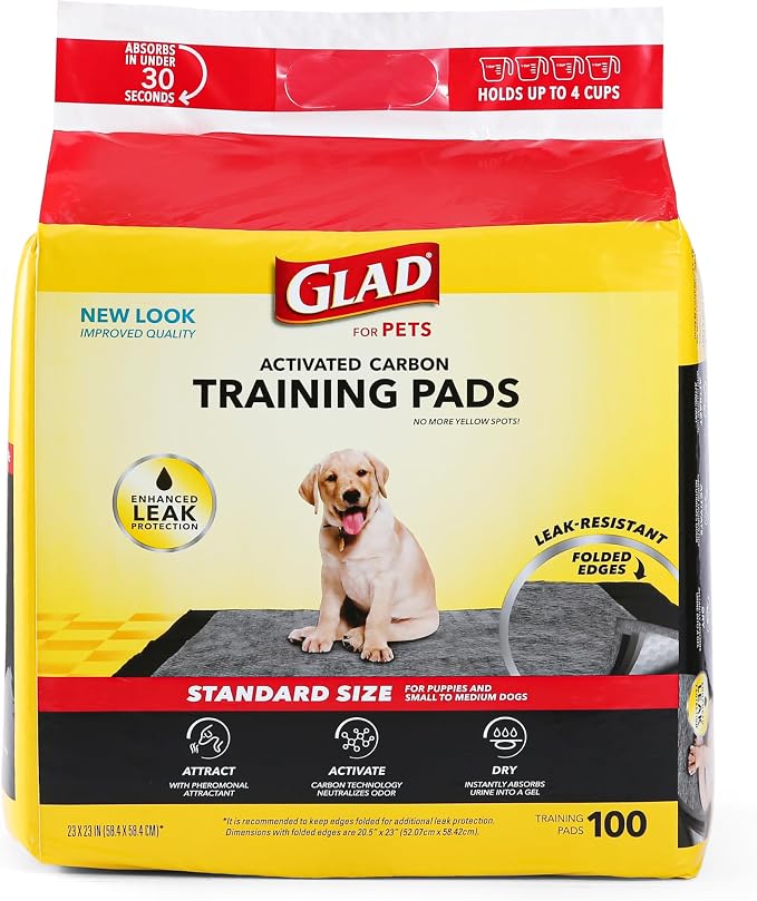 Glad for Pets Charcoal Puppy Pads | Standard (100 Ct) & Extra Large (30 Ct) Pee Pads | Absorbent Disposable Potty Training Pads for Dogs & Puppies with Odor-Neutralizing Technology