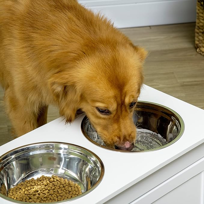 PawHut Large Elevated Dog Bowls with Storage Cabinet Containing Large 44L Capacity, Raised Dog Bowl Stand Pet Food Bowl Pet Feeding Station, Brown