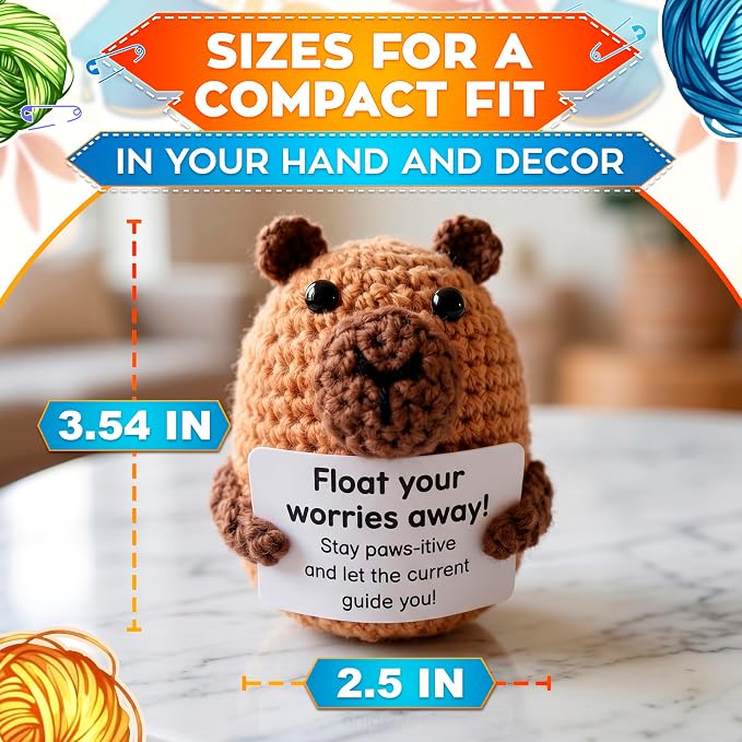 Reluen Crochet Capybara, Float Your Worries Away Handmade Capybara Crochet Figurine with Affirmation Message Card, Desk Decor Gift for Women Men Mom Daughter Sister Coworker Birthday