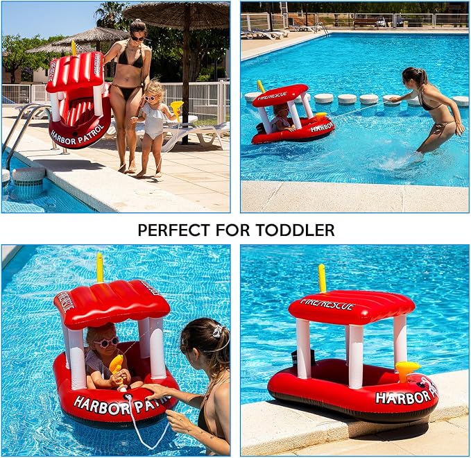 Police Boat Inflatable Pool Floats Kids, Toddler Harbor Master Police Patrol Inflatable Boat Pool Float Ride On, Fun Water Toy Squirter Pool Toy, Police & Fire Rescue Theme Pool Raft for Boys, Girl