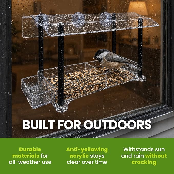 Nature Gear Window Bird Feeder with Strong Suction Cups, Clear Acrylic Window Mounted Bird Feeder, Weather-Resistant, Durable, Squirrel-Resistant, Column Style