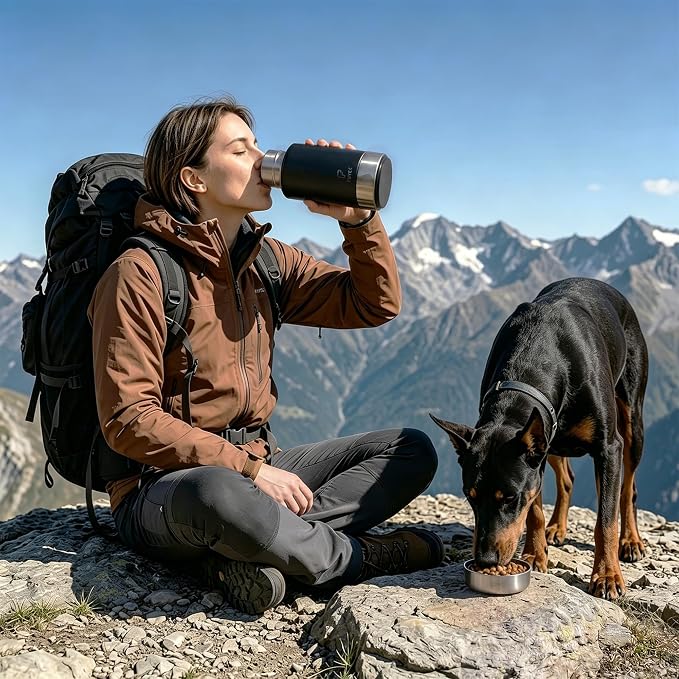 Dog Water Bottle 32oz, Insulated Stainless Steel Travel Water Dispenser with 2 Detachable Dog Bowls for Food and Water, Leak Proof Portable Pet Drinking Cup for Walking Hiking Camping