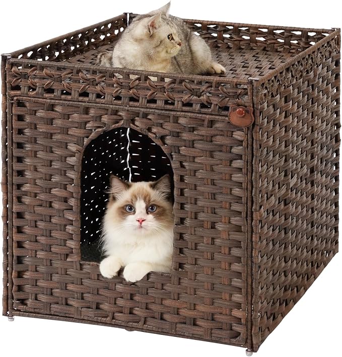 SETVSON Cat Litter Box Enclosure Furniture, Large Hidden Litter Box Furniture, Handwoven Rattan Cat House Cabinet, One Mat, Two S-Shaped Hooks, Living Room, Apartment 21.6 X 26 X 21.6 Inches, Brown