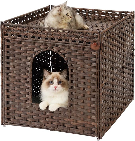 SETVSON Cat Litter Box Enclosure Furniture, Large Hidden Litter Box Furniture, Handwoven Rattan Cat House Cabinet, One Mat, Two S-Shaped Hooks, Living Room, Apartment 21.6 X 26 X 21.6 Inches, Brown