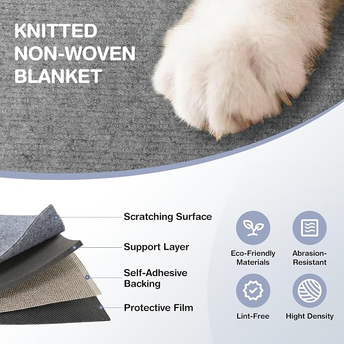 157.5" x 15.8" Cat Scratch Furniture Protector, Self-Adhesive Couch Protector from Cat Claws, Cats Scratching Mat for Sofa, Wall & Door, DIY Cat Scratch Pads Replacement, 2 Pack (Light Grey)