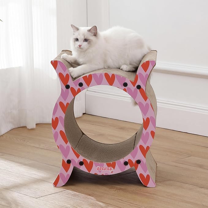Nyan 16.5" Modern Cardboard Tunnel Cat Scratcher House with Catnip, Corrugated Indoor Cat Hideaway Den, Heart Pattern Scratching Surface for All Cats CSR1007C