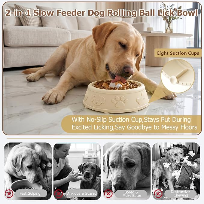 Dog Slow Feeder Lick Bowl with Rolling Ball for Liquid Treats, 2-in-1 Anti-Slip Silicone Dog Licking Bowl for Bone Broth with Suction Cup, Enrichment Lick Sphere Toy for Large Medium Dogs Cats (Beige)