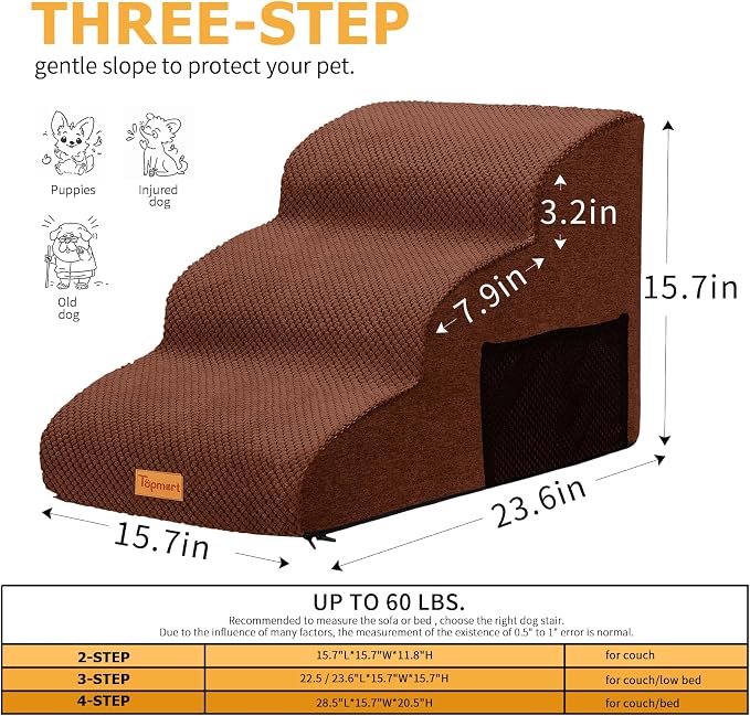 Topmart 3 Tiers Foam Dog Ramps/Steps,Non-Slip Pet Steps,Extra Wide Deep Dog Stairs,High Density Foam Pet Stairs/Ladder,Best for Older Dogs,Cats,Small Pets