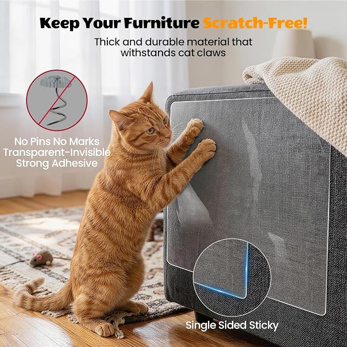 200" x 16.5" Anti Cat Scratch Furniture Protector, Single-Sided Sticky Couch Protector from Cats Claws, Couch Corner Guard Under Pet Claws, Thicken Viny Flexible Scratch Deterrent Tape