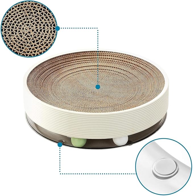 Cat Scratcher Bed Round 3-in-1 Cat Scratcher Toy with Track Ball, Cardboard Cat Scratcher Lounge & Bed, Interactive Cat Toy for Indoor Cats, Durable Scratching Pad with 2 Spinning Balls