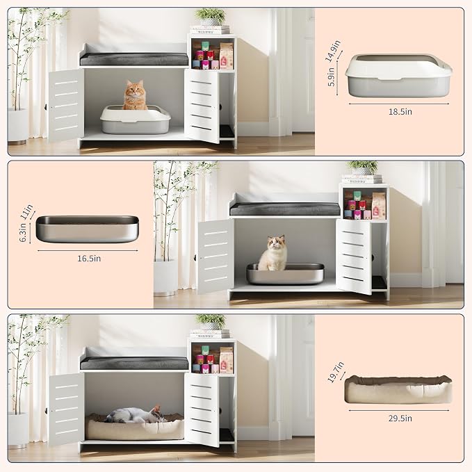 Cat Litter Box Enclosure, Hidden Litter Box Cabinet Furniture with Scratch Pad, Farmhouse Indoor Cats House with Storage Layer for Hallway, Bedroom