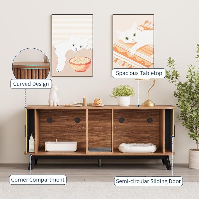 Garvee Cat Litter Box Enclosure for 2 Cats, 59" Hidden Litter Boxes Furniture with Sliding Door and Cat Litter Mat, Large Indoor Pet House, Wooden TV Stand Side Table, Walnut