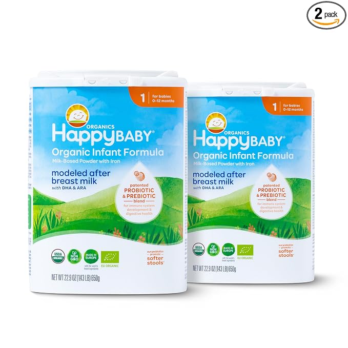 Happy Baby Organics Stage 1 Infant Formula, 0-12M, Modeled After Breast Milk, USDA Organic, Probiotics & Prebiotics, Iron & DHA, 22.9oz x2