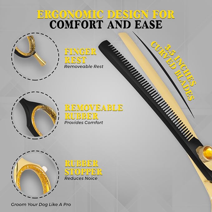 7.5” Curved Thinning Shears for Dogs and Cats – 34 Tooth Professional Pet Grooming Scissors – Smooth, Quiet Blending Shears for Face, Ears, Chest and Legs, Ergonomic Design for Home and Pro Use